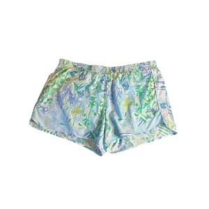 Lilly Pulitzer Luxletic Athletic Shorts Blue Green Palm Print Womens Size L
